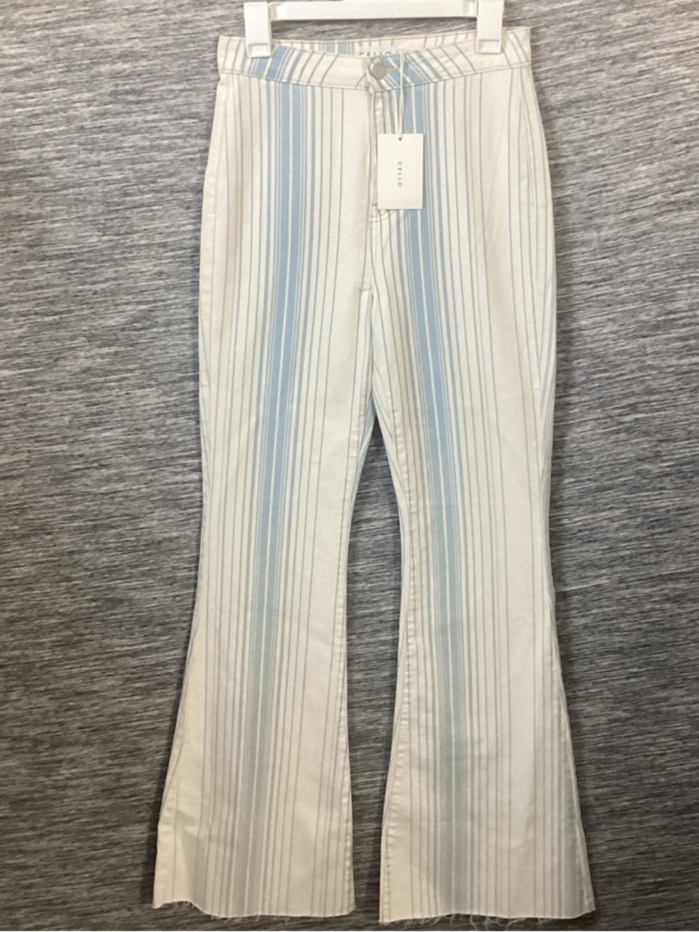 Cello Blue & White Vertical Stripe Flare Pants Raw Hem High Rise